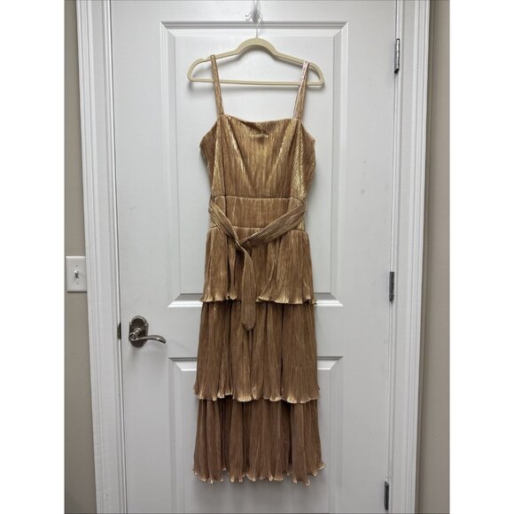 New Mac Duggal Size 10 Gold Ruffle Tiered Belted Sleeveless Cocktail Party Dress - Picture 5 of 16